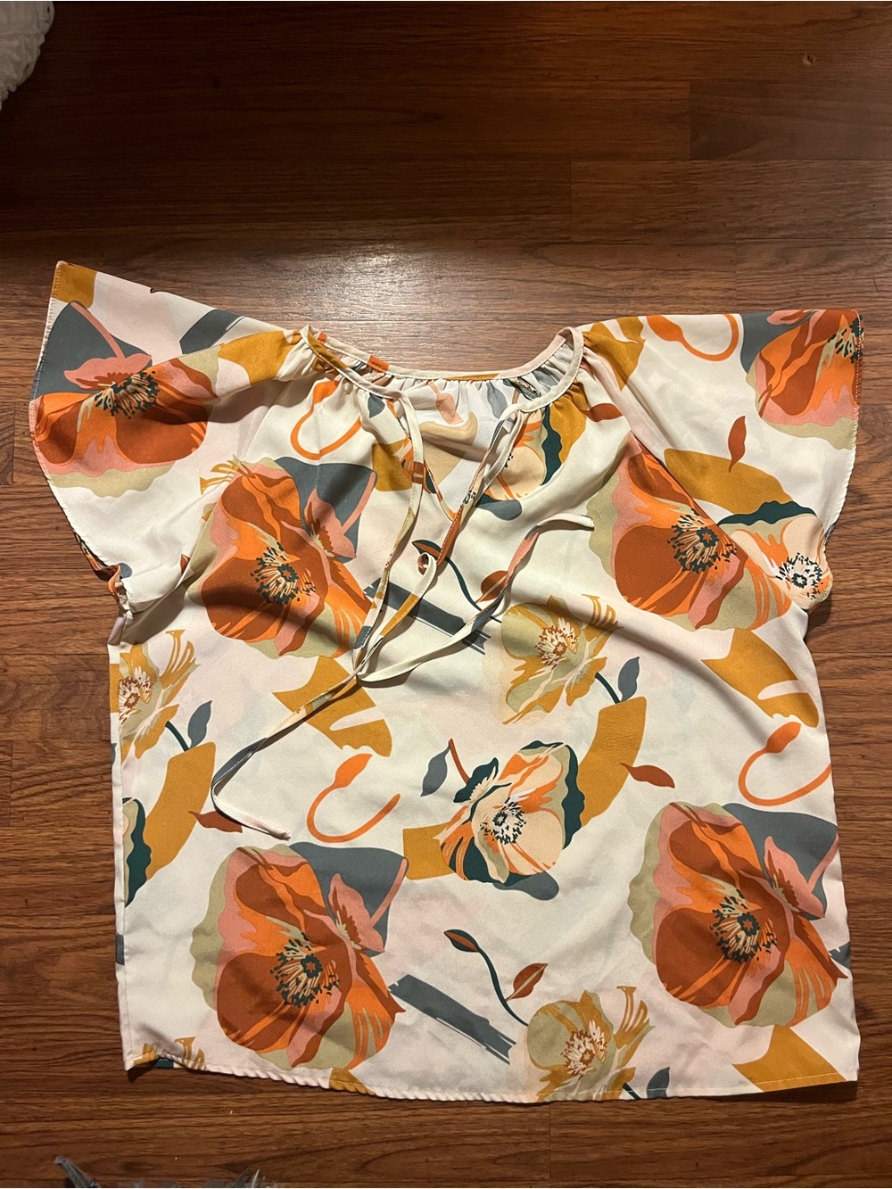 SHEIN Cream Floral Tie-Neck Flutter Sleeve Blouse in Orange and Mustard